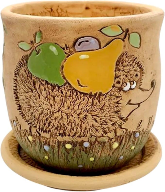 Ceramic Pot with Drainage Hole and Saucer, Plant Pots, Modern Decorative Planters for House Plants Indoor Flowers Plants, Cute Flower Pot - Gifts (Hedgehog (3 L))
