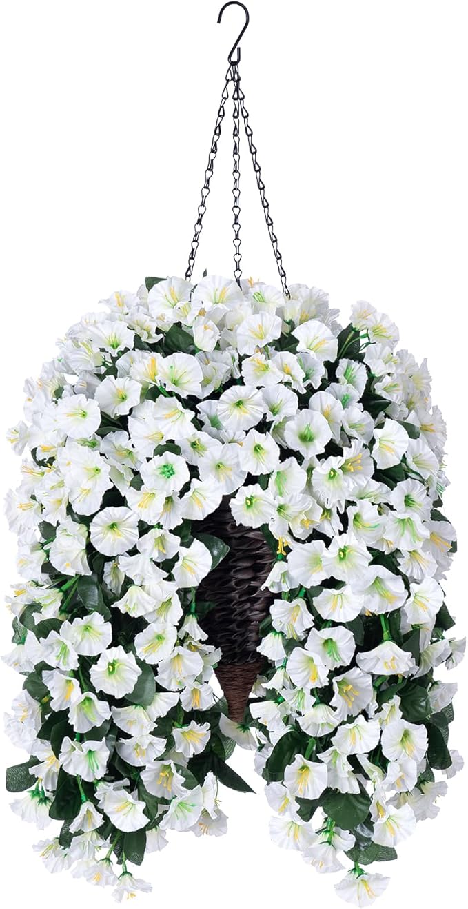 Artificial Faux Hanging White Flowers Plants Basket for Outdoor Outside, Fake UV Resistant Realistic White Morning Glory Flowers for Porch Home Balcony Yard Patio Decoration