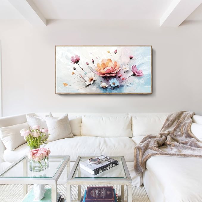 amatop Framed Floral Canvas Wall Art Picture Large Pink Blue Abstract Bloom Bouquet Print with Daisy Peony Elegant Botanical Nature Artwork for Living Room Bedroom Dining Room Entryway Decor 48x24 inch