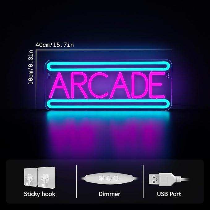 Arcade Neon Sign Arcade Neon Light for Wall Decor USB Powered Dimmable Arcade LED Neon Lights Sign for Game Room for Game Room Recreation Living Room Birthday Gift Man Cave Bedroom Decor