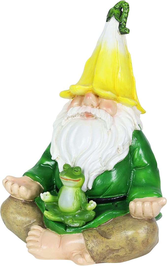 Exhart Solar Light-Up Meditating Gnome Statue w/LED Frog, Durable Resin Garden Décor, 8”x6.5”x10.5”