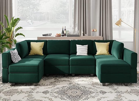 Belffin Modular Sectional Couch U Shaped Sofa with Storage Seat Reversible Sectional Sofa Couch with Chaise Velvet Green