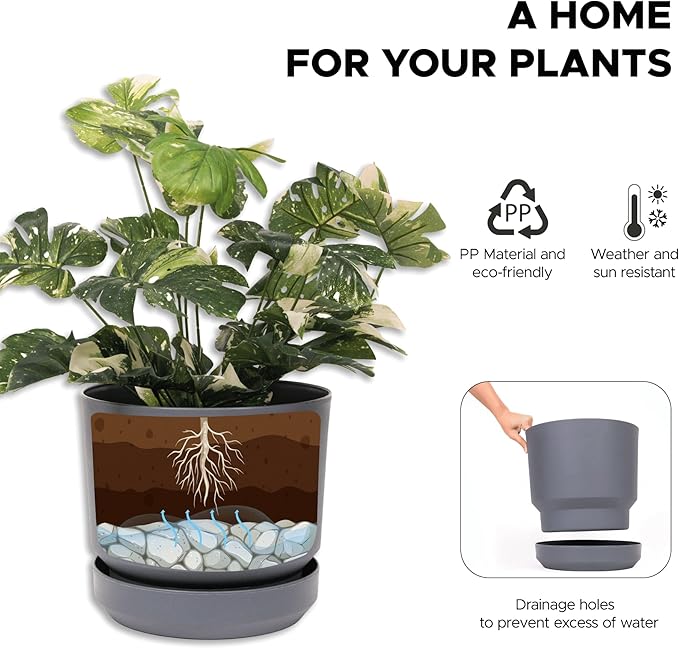 Elly Décor 10 inch Plastic Cylinder Planter Pot with Self-Watering Saucer and Drainage Hole,Lightweight & Extremely Durable, 10"x 10", Gray