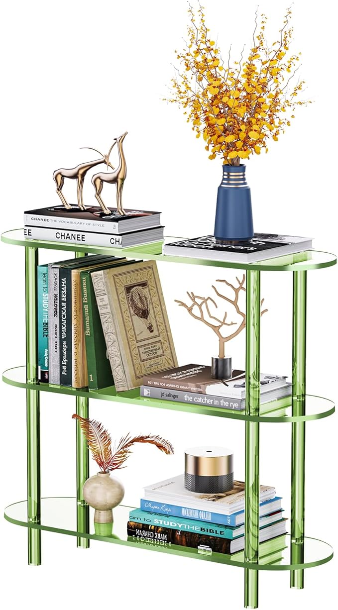Clear Bookshelf, Acrylic Bookcase with Open Book Shelf Console Table for Entryway Office (3 Tier Green)