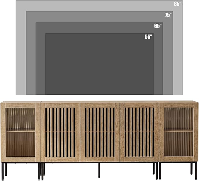 Farmhouse TV Stand for TVs up to 85 Inch, Entertainment Center TV Console with Storage Cabinets and Glass Doors, Media Console for Living Room,Oak