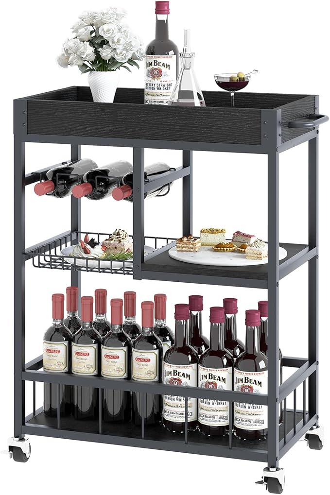 Bar Cart with Basket 3 Tiers Home Rolling Wine Rack with Wheels Mobile Kitchen Industrial Vintage Style Wood Metal Serving Trolley Serving Cart,Black Frame Home Kitchen Shelf for Party