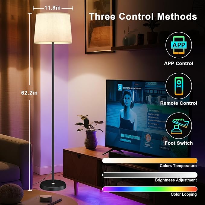 Floor Lamp for Living Room Bedroom,Modern Floor Lamp with Remote, Simple Design with Beige Shade,Foot Pedal Switch,Dimmable Colors Temperature,9W RGB LED Bulb