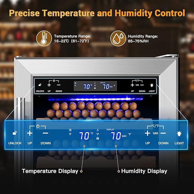 Electric Cigar Humidor, 15 Inch Upgraded Large Capacity Humidor Cabinet with Powerful Compressor, Digital LED Screen, Safety Lock, Smart Humidity & Temp Control, Gifts for Men