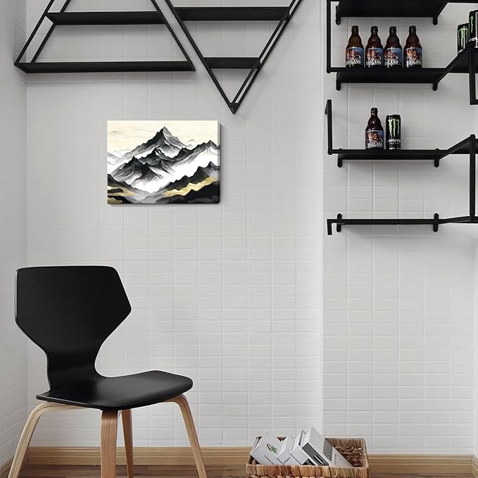 amatop Black and White Mountain Wall Art – Minimalist Modern Landscape Canvas Print Nature Scene Picture Bathroom Bedroom Office Wall Decor, Small Tranquil Misty Hills Zen Artwork for men, 16x12 Inch