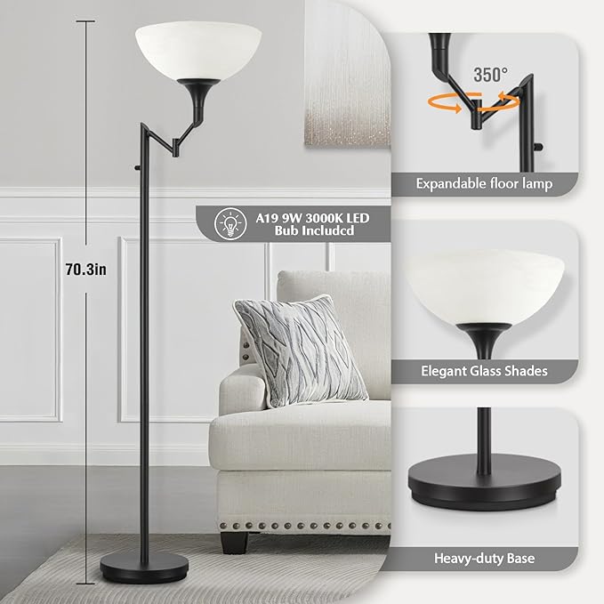 Floor Lamps for Living Room Black, 70" Tall Standing Lamp with Glass Shade, Torchiere Floor Lamp with 350°Adjustable Swing Arm Lamp, Pole lamp for Bedroom, Living Room, Office, Bulbs Included