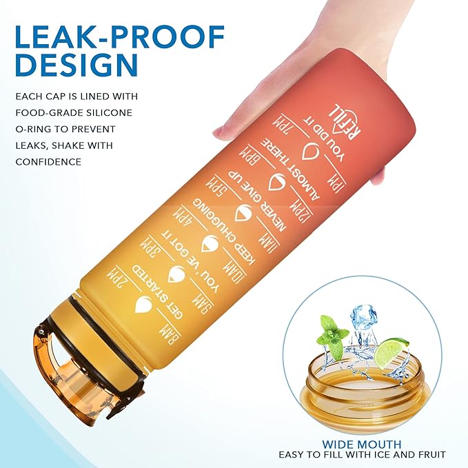 Enerbone Water Bottle, Leakproof BPA & Toxic Free, Motivational Water Bottle with Times to Drink and Straw, Fitness Sports Water Bottle with Strap for Office, Gym, Outdoor Sports