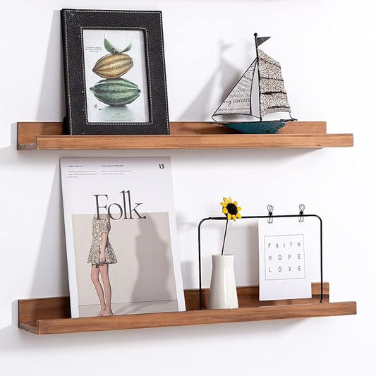 AZSKY Floating Nursery Book Shelves Light Fair Pale Walnut Rustic Picture Photo Ledge Shelves Wall Mounted Wooden Display Shelf for Bathroom Bedroom Kitchen 24 Inch Wall Shelves a Set of 2