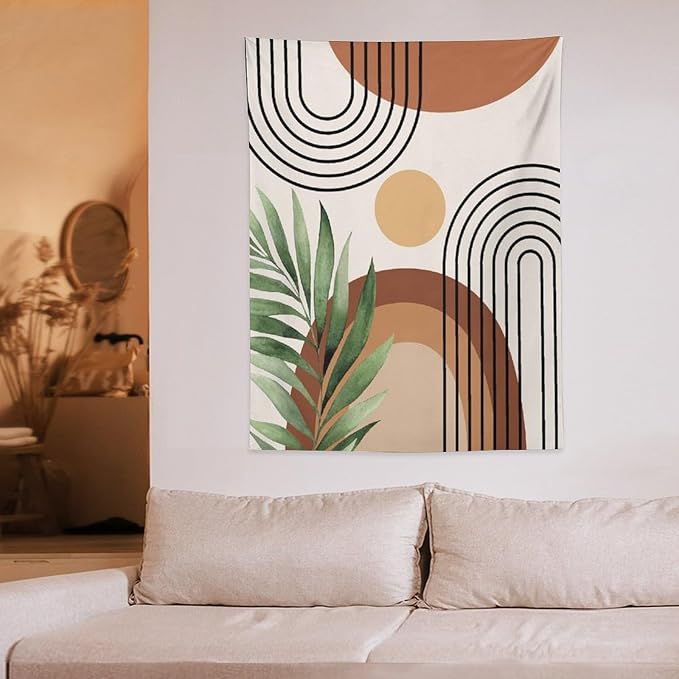 Abstract Bohemian Mid Century Tapestry, Tropical Leaves Modern Geometric Archway Minimalist Bohemian Botanical Aesthetic Wall Hanging, Sage Green Gold Home Decor Art for Bedroom 30x40 Inch