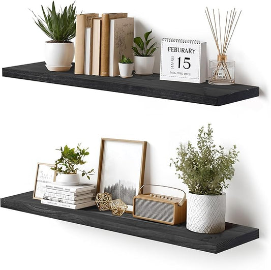 Floating Wall Shelves 2-Pack - 36-Inch Rustic Black Wooden Shelves for Storage and Décor, Easy Installation for Living Room, Bedroom, and Kitchen