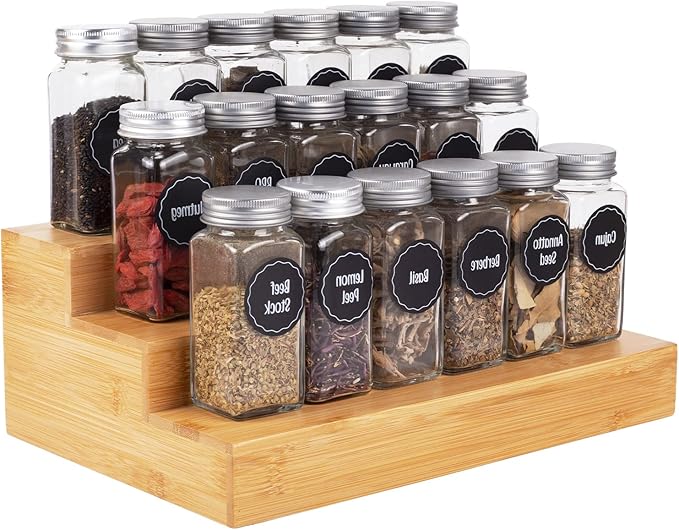 Bamboo Spice Rack Organizer for Cabinet 3 Tier Countertop Step Spice Shelf for Kitchen Storage and Organizer (2 Pack, Cabinet)