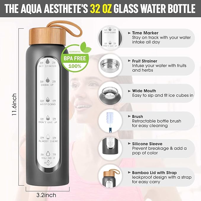 Aqulea Glass Water Bottles with Silicone Sleeve - BPA Free Reusable Wide Mouth Glass Motivational Water Bottles with Fruit Infuser – Leak Proof Borosilicate Water Bottle with Time Marker