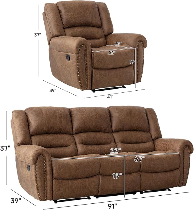 CANMOV Manual Reclining Sofa Set, Faux Leather Manual Recliner Sofa and Recliner Chair with Overstuffed Armrest for Living Room,Bedroom Furniture,Office,Nut Brown