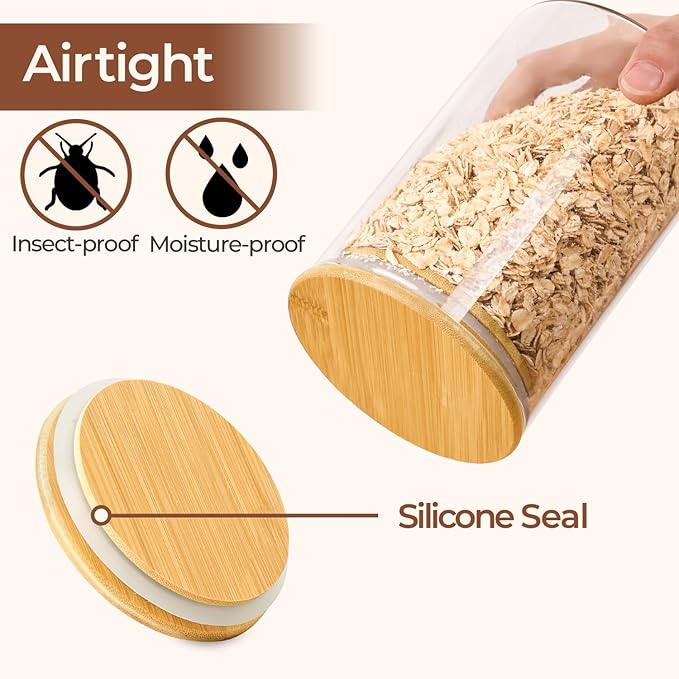 ComSaf Glass Spaghetti Pasta Storage Container with Lids 2 Qt Set of 3, Tall Clear Airtight Food Storage Jar with Wood Cover Kitchen Pantry Storage Container for Noodles Flour Cereal Coffee Beans