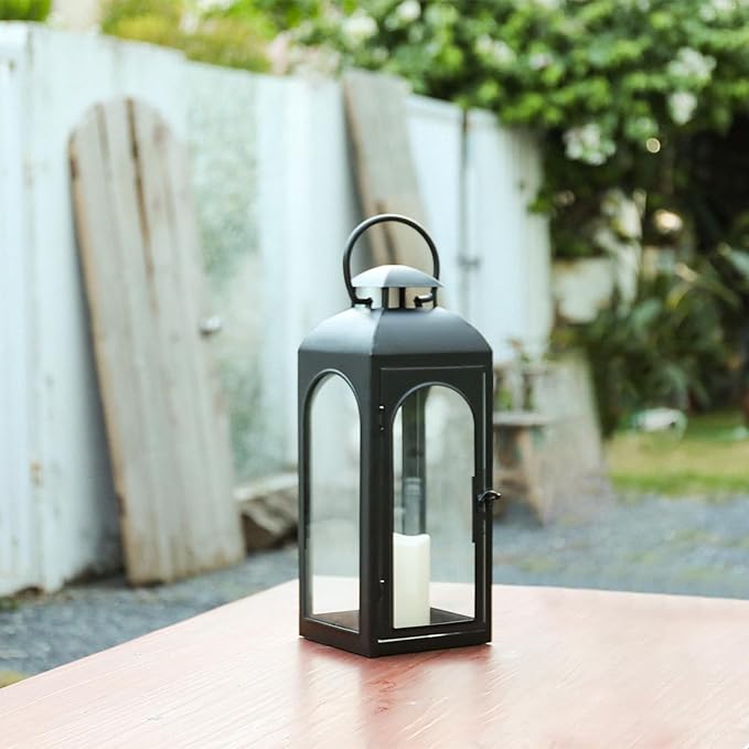 Bdor 16 Inches Metal and Stainless Steel Glass Decorative Lantern with Electronic Wax Effect - Indoor/Outdoor Decorative Lighting, Handcrafted Aesthetic, Perfect for Home, Parties, and Holiday Decor