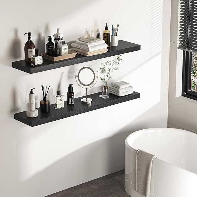 Floating Shelves - 10.3 Inch Deep Wall Shelf for Decor & Storage - Wall Mounted Display Shelving with Invisible Heavy-Duty Metal Bracket - 48" W x 10.3" D x 1.8" H - Set of 1 - Rustic Black