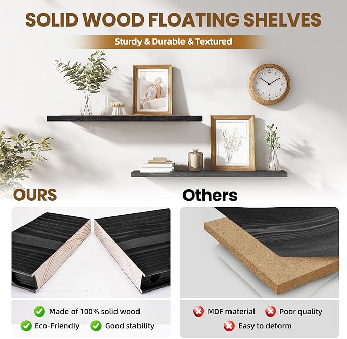 Floating Wall Shelves 2-Pack - 36-Inch Rustic Black Wooden Shelves for Storage and Décor, Easy Installation for Living Room, Bedroom, and Kitchen