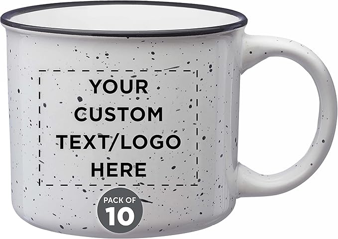 DISCOUNT PROMOS Custom Ceramic Campfire Coffee Mugs 13 oz. Set of 10, Personalized Bulk Pack - Perfect for Tea, Espresso, Cappuccino, Hot Cocoa - White
