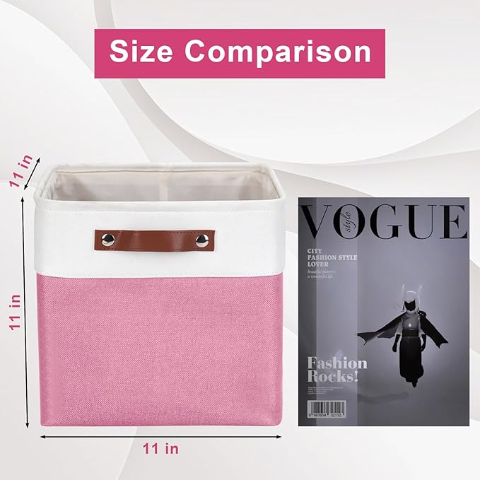 Collapsible Fabric Storage Cubes 11x11 Cube Storage Bins, 4 Pack Closet Baskets Box with Handles for Organizing, Shelf, Toys, Clothes, Home, Office, Nursery (Pink&White)
