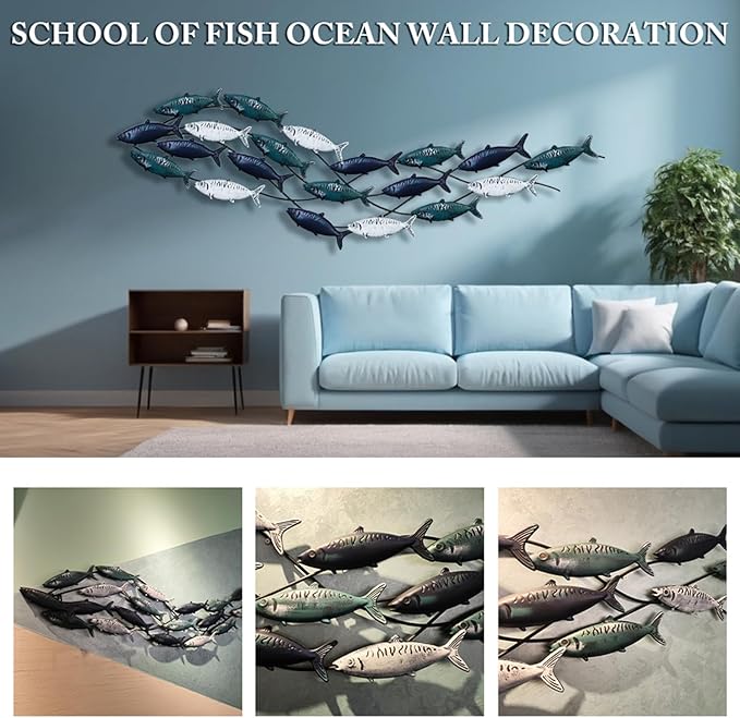 Coastal Metal Fish Wall Decor, Large Nautical Fish Wall Décor,School of 20 Fish Wall Art,3D Fish Wall Sculpture,Fish Metallic Art Decor,Perfect for Living Room,Bedroom,Beach Or Boat Decor,59" X 16.5"