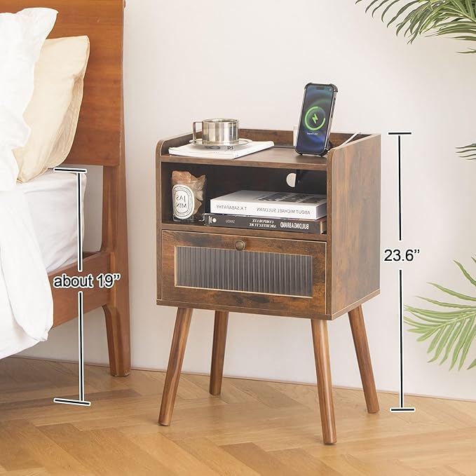 AWASEN Mid Century Night Stand with Charging Station, Wood Bedside Table with Glass Drawer, Small Modern Nightstand End Side Table with 2 Tiers Storage for Bedroom, Office(Rustic Brown)