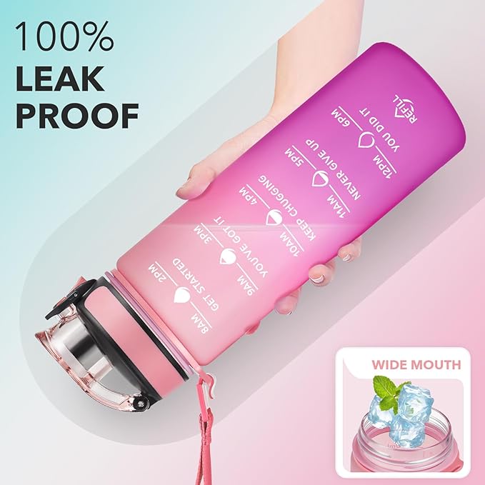 Enerbone Water Bottle, Leakproof BPA & Toxic Free, Motivational Water Bottle with Times to Drink and Straw, Fitness Sports Water Bottle with Strap for Office, Gym, Outdoor Sports