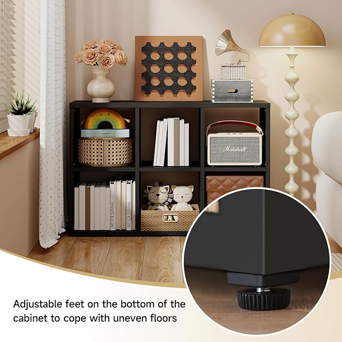 6 Cube Storage Organizer, Black Bookshelf with Storage, 2 Tier Storage Cubes, Freestanding Storage Organizer with Shelves for Living Room, Study