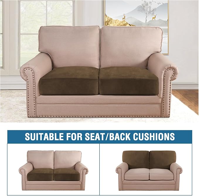 H.VERSAILTEX Velvet Stretch Couch Cushion Cover Plush Cushion Slipcover for Chair Loveseat Sofa Cushion Furniture Protector Seat Cushion Sofa Cover (2 Piece Large Sofa Cushion Covers, Bronze Brown)