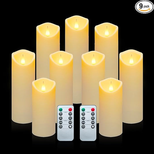 Aignis 9pcs Flameless LED Candles Battery Operated with 10-Key Remote & Timer, Indoor Heat Resistant, 3D Wick with Warm Flickering Glow for Cozy Home/Wedding/Holiday Décor (D 2.2" x H 5"/6"/7")