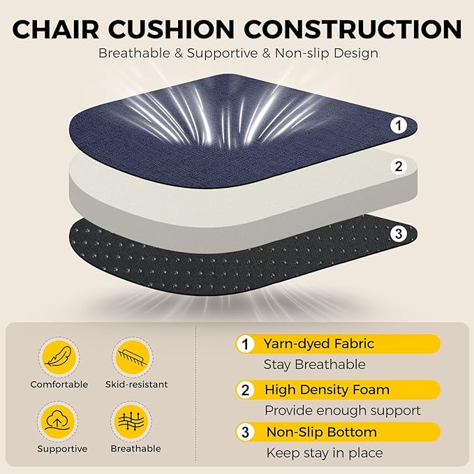 downluxe Indoor Chair Cushions for Dining Chairs, Soft and Comfortable Textured Foam Kitchen Chair Pads with Ties and Non-Slip Backing, 16" x 16" x 2", Navy, 4 Pack