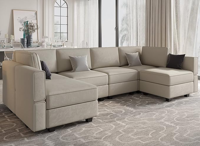 Belffin Modular U Shaped Couch with Storage Seat Reversible Sectional Sofa with Chaise Velvet Grey…