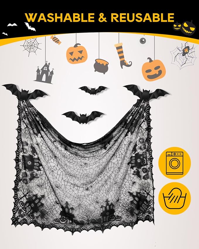 eZAKKA Halloween Table Cloth with 16 Pcs Bats Wall Decor, Spider Web Table Cloth Black Tablecloth Lace Fabric Table Cloths for Rectangle for Parties Gothic Spooky Home Decorations, 53x68 Inch
