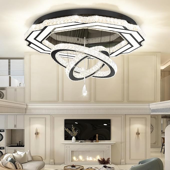 Flashing God Large Chandelier Dia 40" Black Crystal Chandelier Flush Mount Ceiling Light for Bedroom Living Room Dining Room Hallway Dimmable 3 Rings LED Celing Lighting Fixtures