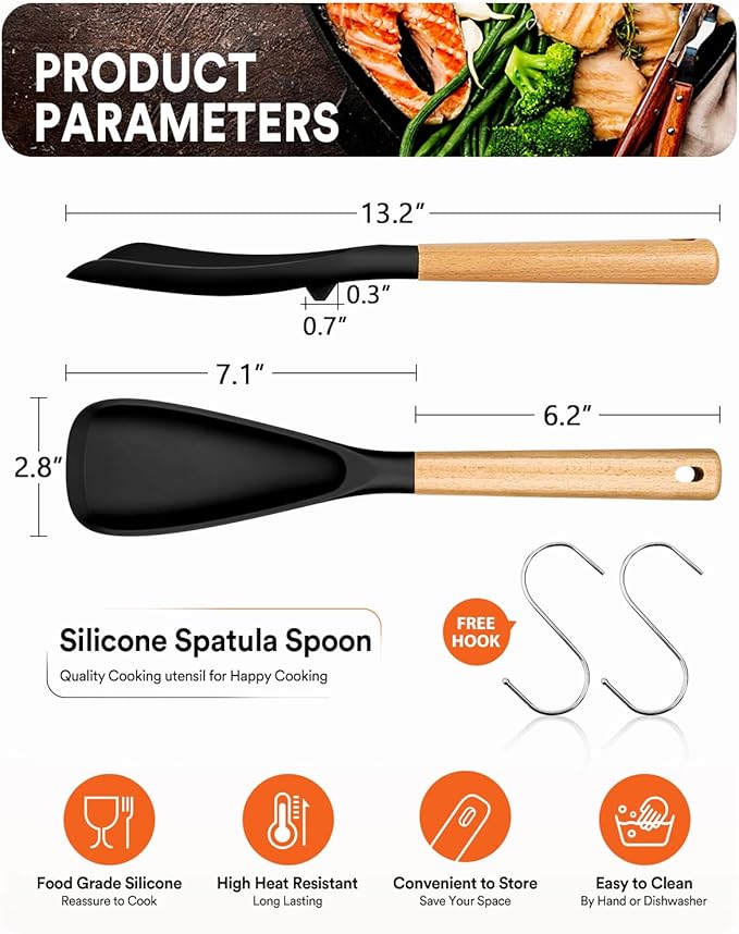 Cooking Spoon for Nonstick Cookwares, Great for Cooking and Serving Sturdy BPA-Free Matte Silicone, Wood Handle Spoon for Mixing, Scoop, and Scrape (Black & Grey, 13.4 inch)