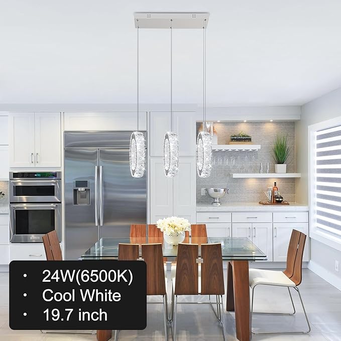 Buccleuch 3-Ring Crystal Chandelier, Dimmable LED Pendant Light Fixture Adjustable Stainless Steel Pendant Light, Silver Crystal Chandeliers for Dining Room, Bedroom, Living Room