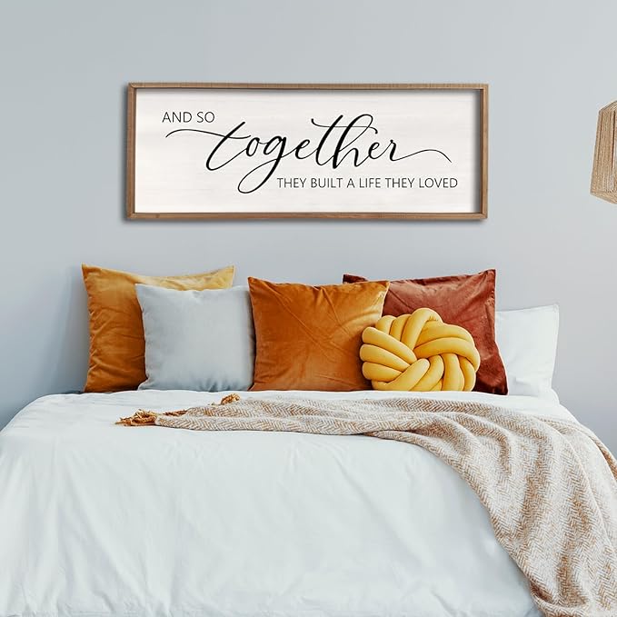 And So Together They Built A Life They Loved Framed Wood Farmhouse Sign - 32'X12' Master Bedroom Above Bed Wall Art for Love Sign Decor