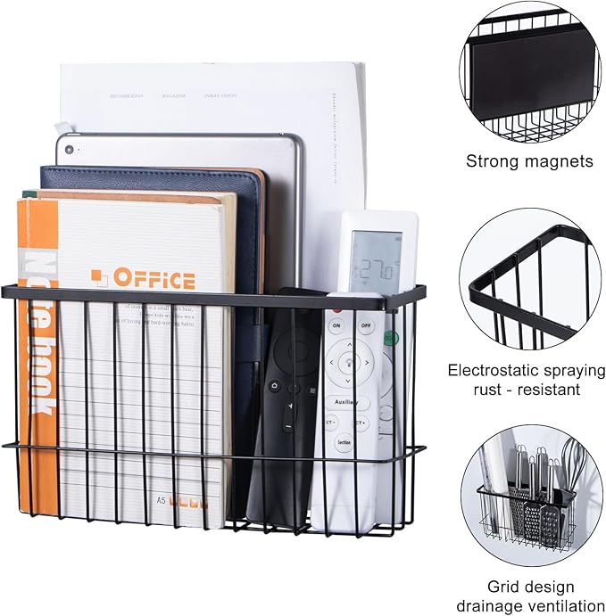 dedoot Magnetic Holder Locker Strong Black Mesh Holder Magnetic Basket Organizer Shelf Rack for Whiteboard,Fridge, Sponge, Recipe, Beverage ,Refrigerator ,Office File Foil,10.25x 3.6x 6 inches