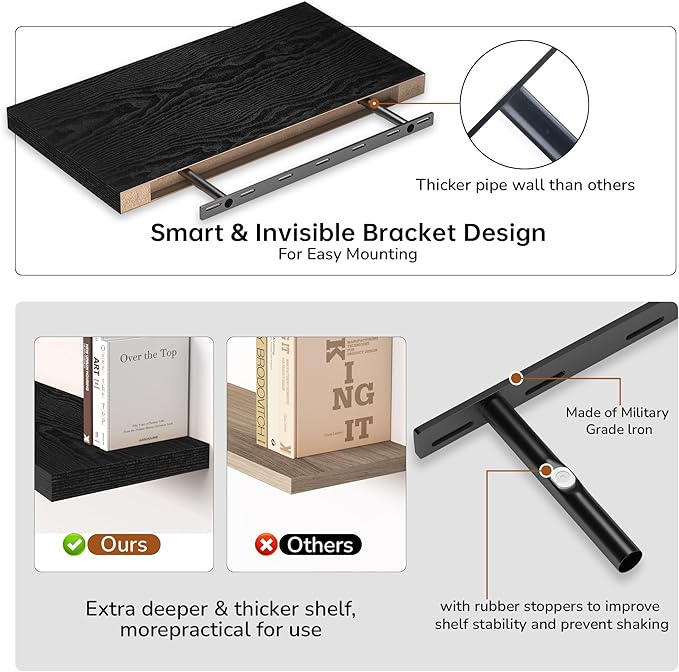 Fun Memories Floating Shelves - 2 Pack 12 Inch Rustic Wooden Wall Shelves - Extra Deeper & Thicker Wall Mounted Storage Shelf for Living Room, Kitchen, Farmhouse - 24" W x 12" D x 1.5"H - Rustic Black