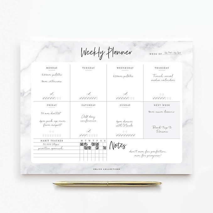 Bliss Collections Weekly Planning Pad, To Do List Notebook - Undated Tear-Off Sheets Notepad - Work Calendar, Organizer, Scheduler for Goals, Tasks - Marble, 8.5" x 11", 50 Sheets