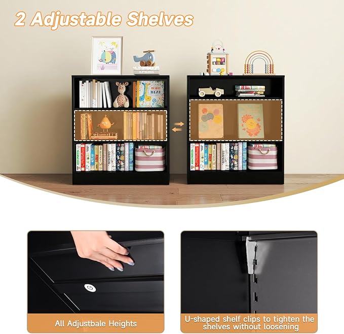 3-Tier Metal Open Shelf Bookcase, Bookcase with Adjustable Shelves, Floor Standing Book Shelf, Freestanding Display Storage Shelves, Curio Cabint Display Case for Small Places/Living Room/Corner