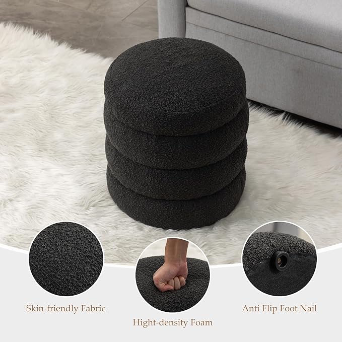 Furniliving Modern Round Ottoman, Soft Bedroom Ottoman Footstool Round Ottomans Stool for Living Room, Bedroom, Makeup Room, Black, Boucle