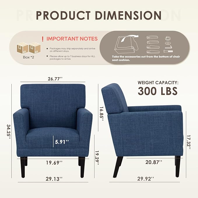 COLAMY Accent Chair Set of 2 for Living Room, Modern Upholstered Fabric Accent Armchair with Back, Soft Single Sofa Chair with Arms for Bedroom/Office/Reception Room, Blue