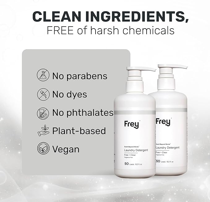 FREY Concentrated Liquid Laundry Detergent | Formulated for Sensitive Skin & HE Washers | Removes Stains Effectively | 50 Loads per Bottle (2-pack Unscented)