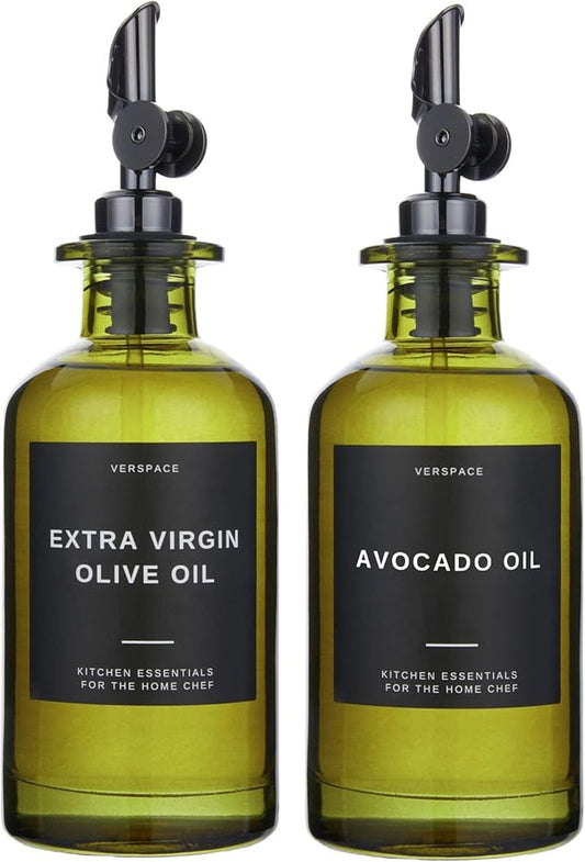 Green Glass Olive Oil Dispenser Bottle For Kitchen By Verpsace,Avocado Oil Dispenser Set, Modern Decor, Gold Kitchen Accessories for Home, Airbnb, Cafe (Black, Set of 2)