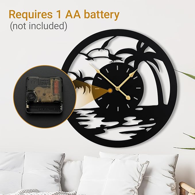 20inches/50cm Wall Clocks Palm Tree Battery Powered No Ticking Silent Round Black Modern Unique Metal Wall Clocks Suitable Living Room Kitchen Bedroom Fireplace Office Farmhouse。