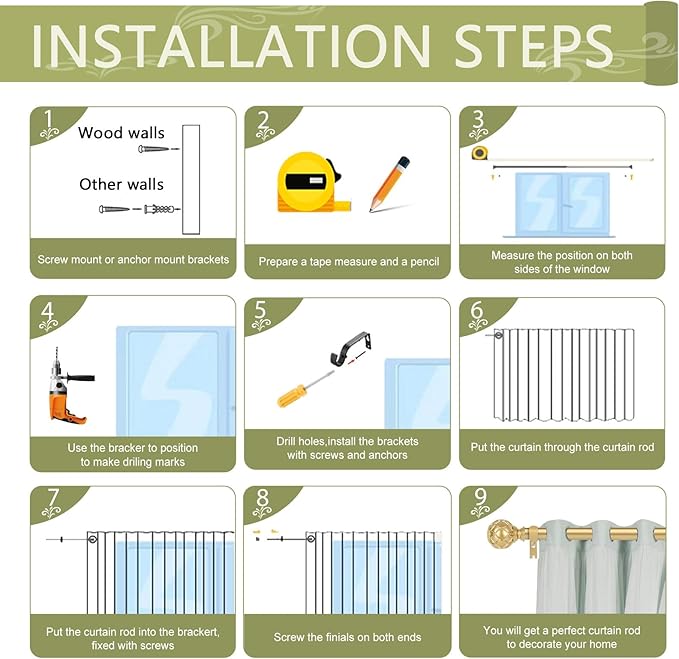 Gold Adjustable Curtain Rods for Windows:Farmhouse Heavy Duty Curtain Rod for Bedroom Living Room,Boho Decorative Rustic Drapery Rod with Vintage Coastal Texture Finial,Brass Gold 2Pack 18-45"